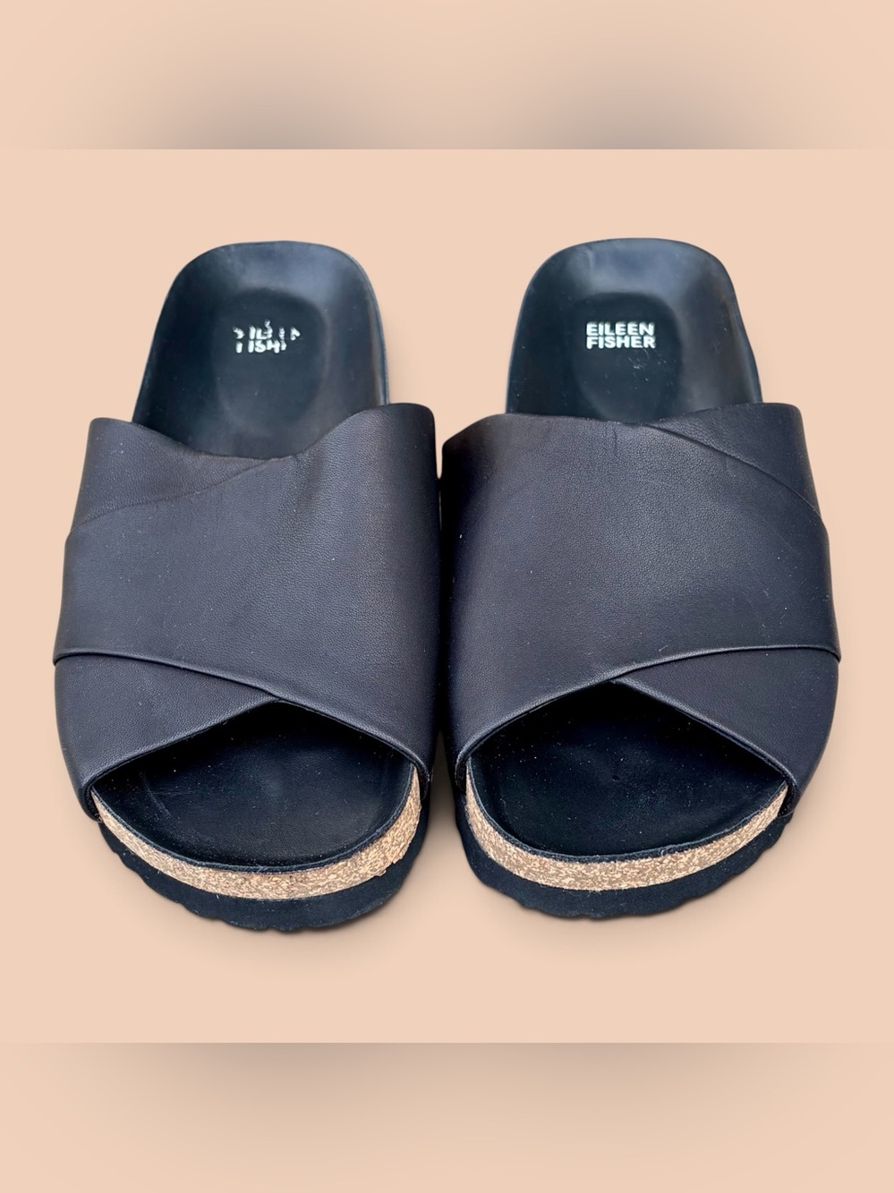 Eileen Fisher Code Slide Sandals Black Crisscross Straps Sz 8 Cork Footbed